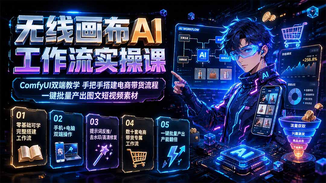 无线画布AI工作流实操课｜ComfyUI双端教学，手把手搭建电商带货流程，一键批量产出图文短视频素材-heixxmi