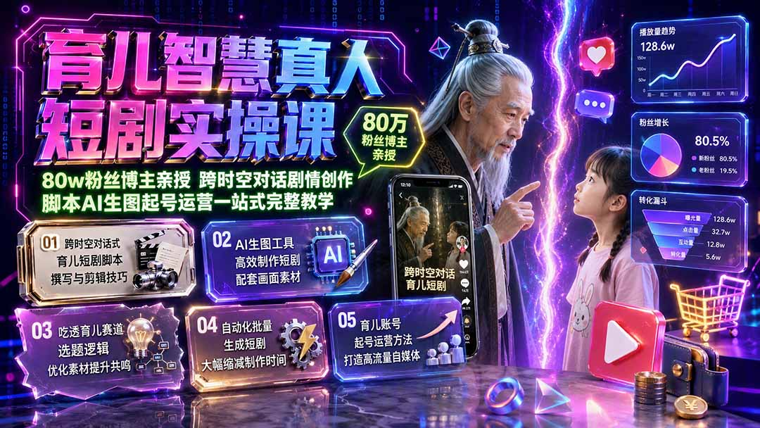 育儿智慧真人短剧实操课｜80w粉丝博主亲授，跨时空对话剧情创作，脚本AI生图起号运营一站式完整教学-heixxmi