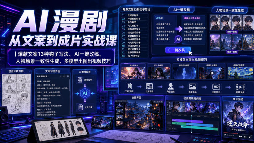 AI漫剧从文案到成片实战课｜爆款文案13种钩子写法、AI一键改稿、人物场景一致性生成、多模型出图出视频技巧-heixxmi