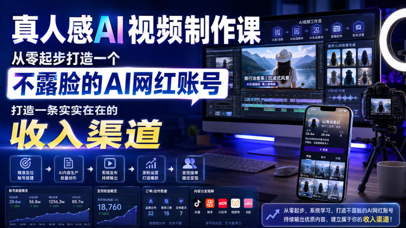 真人感AI视频制作课，从零起步打造一个不露脸的AI网红账号，打造一条实实在在的收入渠道【原创双语字幕】-heixxmi