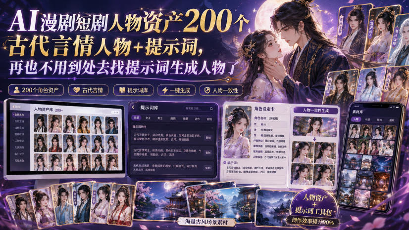 AI漫剧短剧人物资产200个古代言情人物+提示词，再也不用到处去找提示词生成人物了-heixxmi