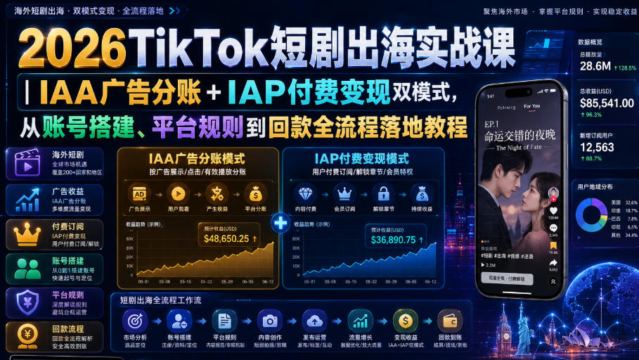 2026TikTok短剧出海实战课｜IAA广告分账+IAP付费变现双模式，从账号搭建、平台规则到回款全流程落地教程-heixxmi