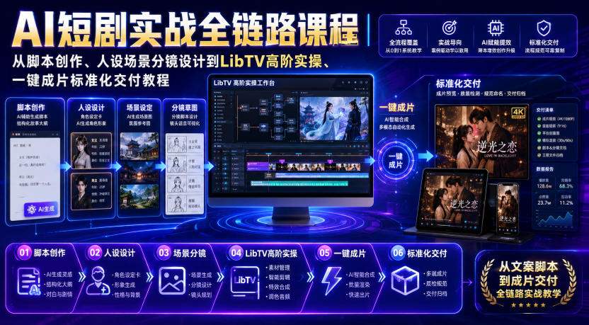 AI短剧实战全链路课程｜从脚本创作、人设场景分镜设计到LibTV高阶实操、一键成片标准化交付教程-heixxmi