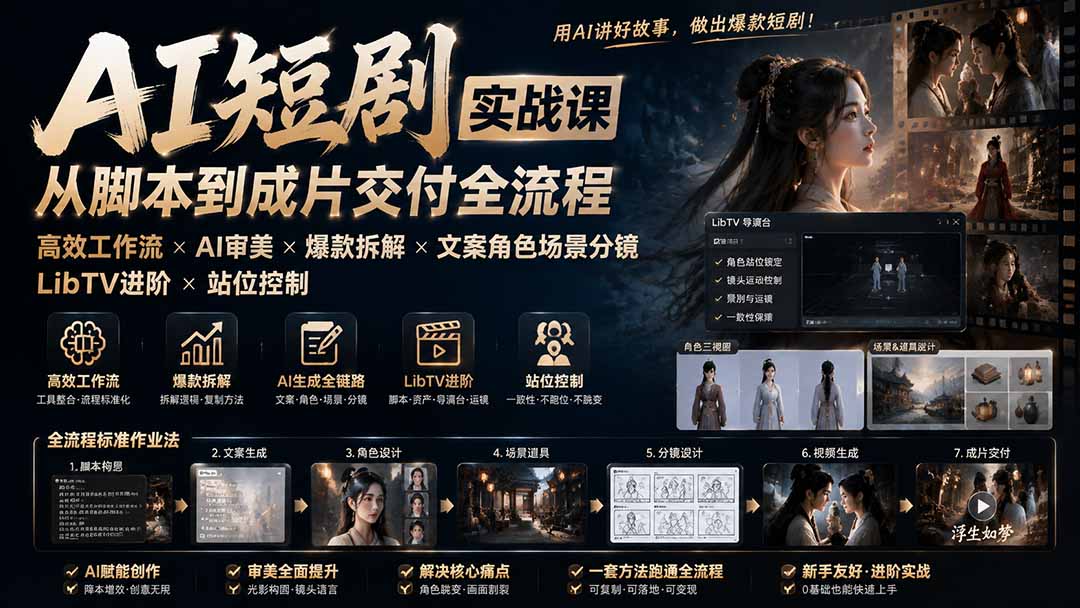 AI短剧实战课：高效工作流×AI审美×爆款拆解×文案角色场景分镜×LibTV进阶×站位控制×从脚本到成片交付全流程-heixxmi