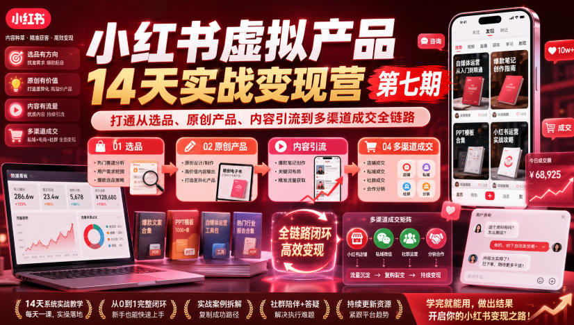 小红书虚拟产品14天实战变现营第七期，打通从选品、原创产品、内容引流到多渠道成交全链路-heixxmi