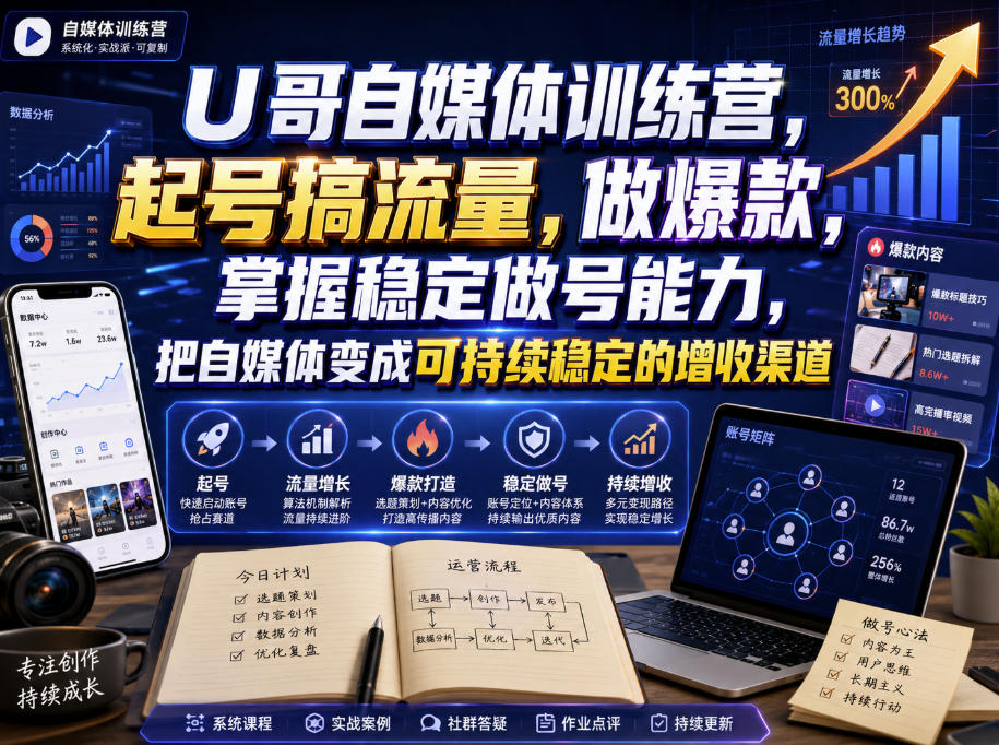 U哥自媒体训练营，起号搞流量，做爆款，掌握稳定做号能力，把自媒体变成可持续稳定的增收渠道-heixxmi