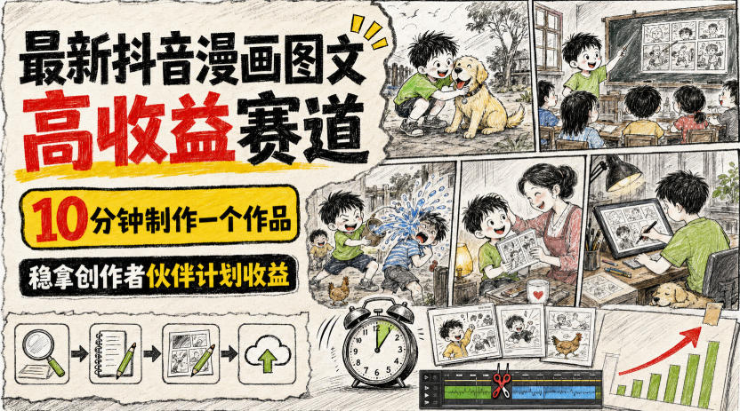 最新抖音漫画图文高收益赛道，10分钟制作一个作品，稳拿创作者伙伴计划收益-heixxmi
