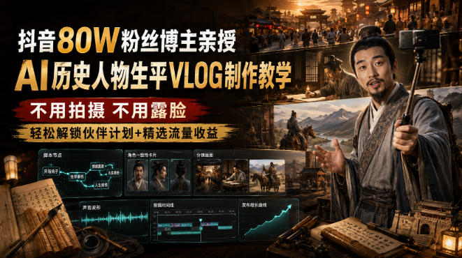 抖音80W粉丝博主的AI历史人物生平VLOG教学，不用拍摄不用露脸，AI帮你搞定，轻松解锁伙伴计划+精选收益-heixxmi