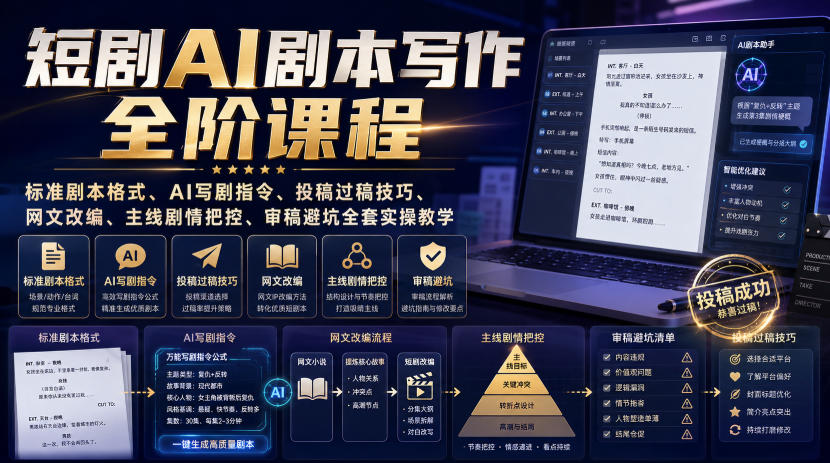 短剧AI剧本写作全阶课程｜标准剧本格式、AI写剧指令、投稿过稿技巧、网文改编、主线剧情把控、审稿避坑全套实操教学-heixxmi