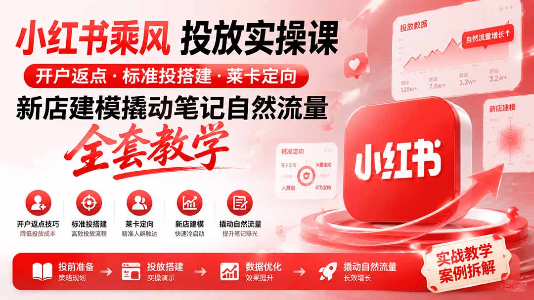 小红书乘风投放-100分钟实操课｜开户返点·标准投搭建·莱卡定向，新店建模撬动笔记自然流量全套教学-heixxmi