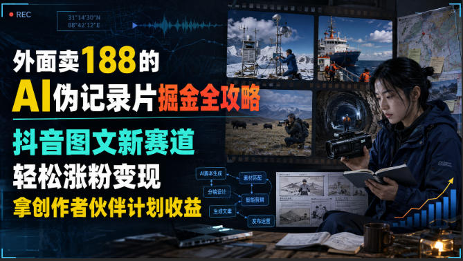 外面卖188的AI伪记录片掘金全攻略，抖音图文新赛道，轻松涨粉变现，拿创作者伙伴计划收益【文档】-heixxmi