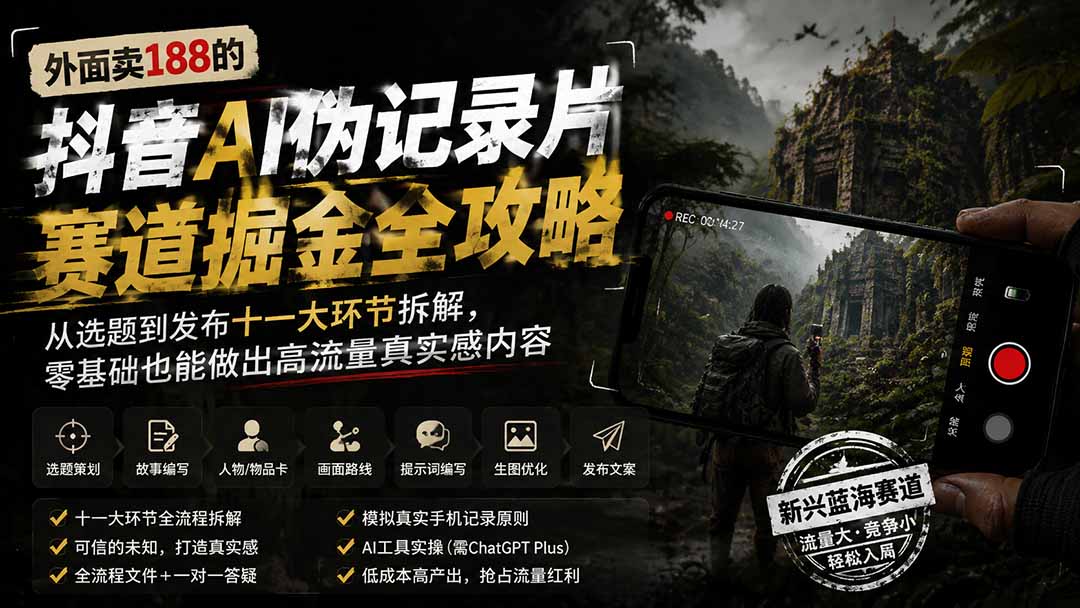 外面卖188的抖音AI伪记录片赛道掘金全攻略；从选题到发布十一大环节拆解，零基础也能做出高流量真实感内容-heixxmi