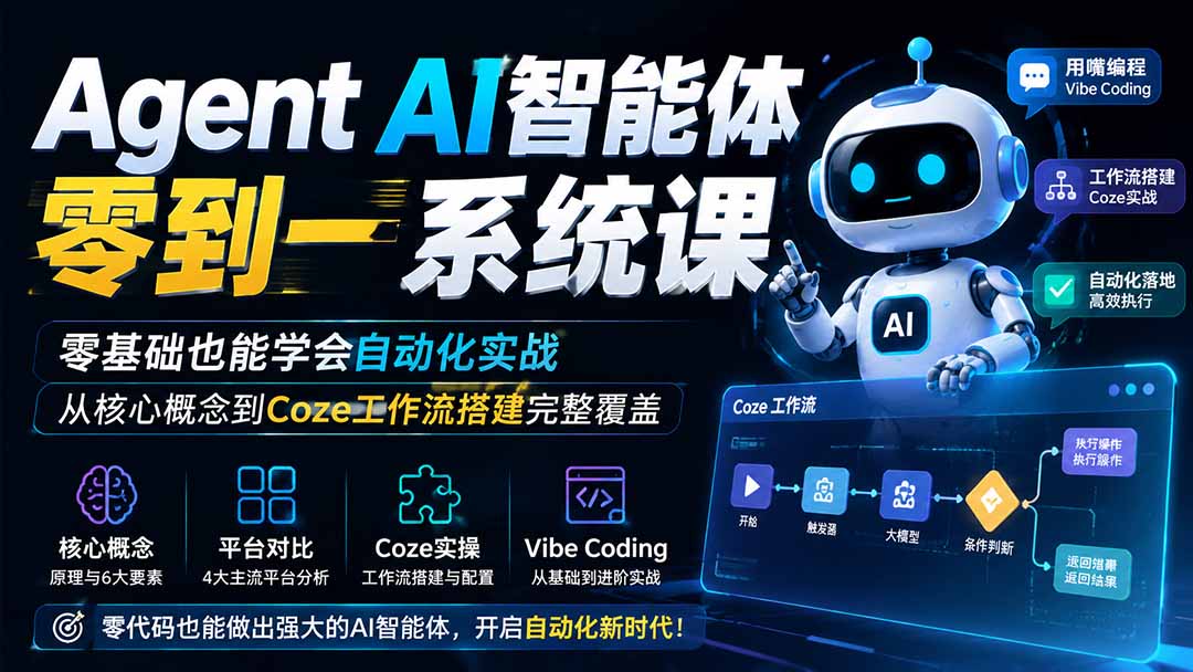 Agent AI智能体零到一系统课；零基础也能学会自动化实战，从核心概念到Coze工作流搭建完整覆盖-heixxmi