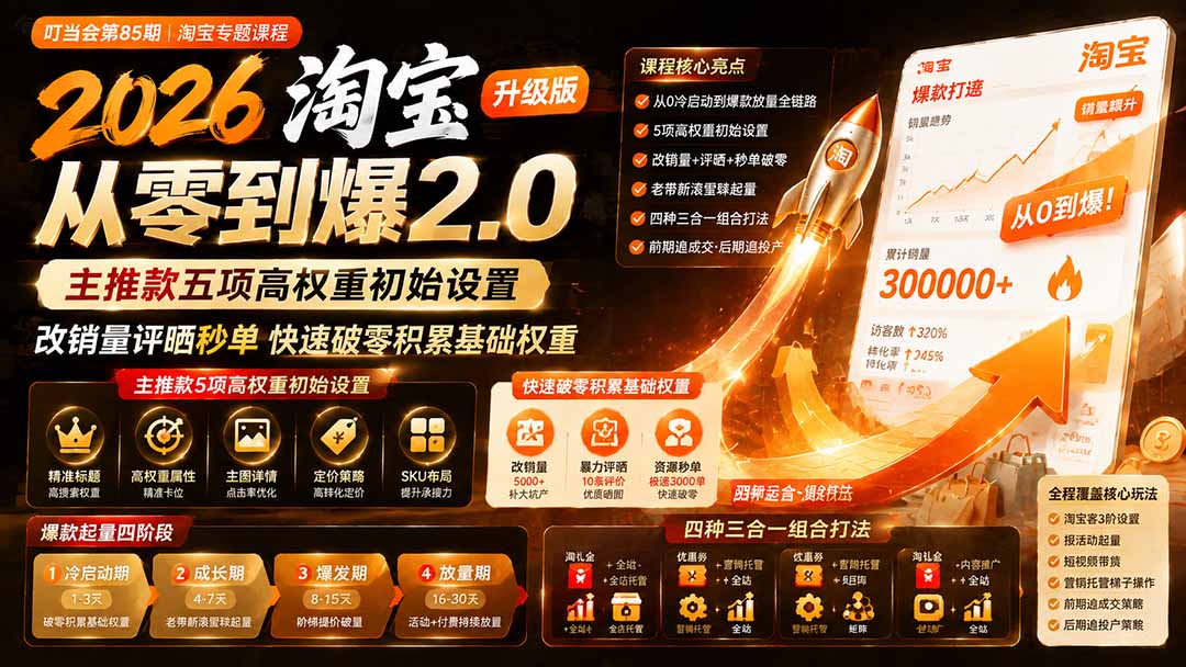 2026淘宝从零到爆2.0第85期；主推款五项高权重初始设置，改销量评晒秒单快速破零积累基础权重-heixxmi
