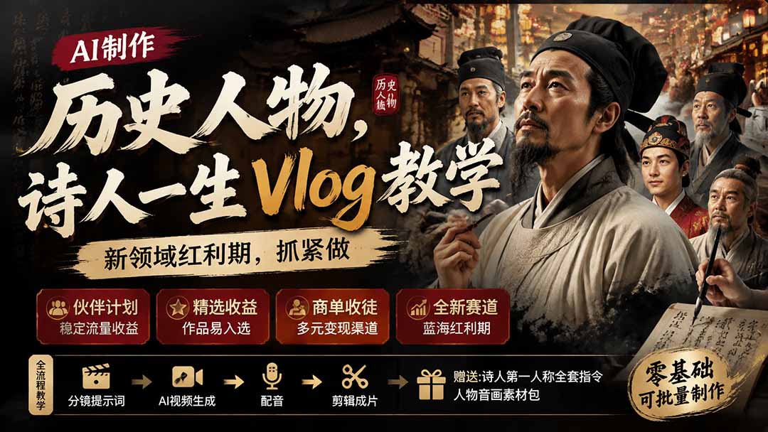 历史人物，诗人一生Vlog教学， AI制作丨伙伴计划丨精选收益丨商单收徒 ，新领域红利期，抓紧做-heixxmi