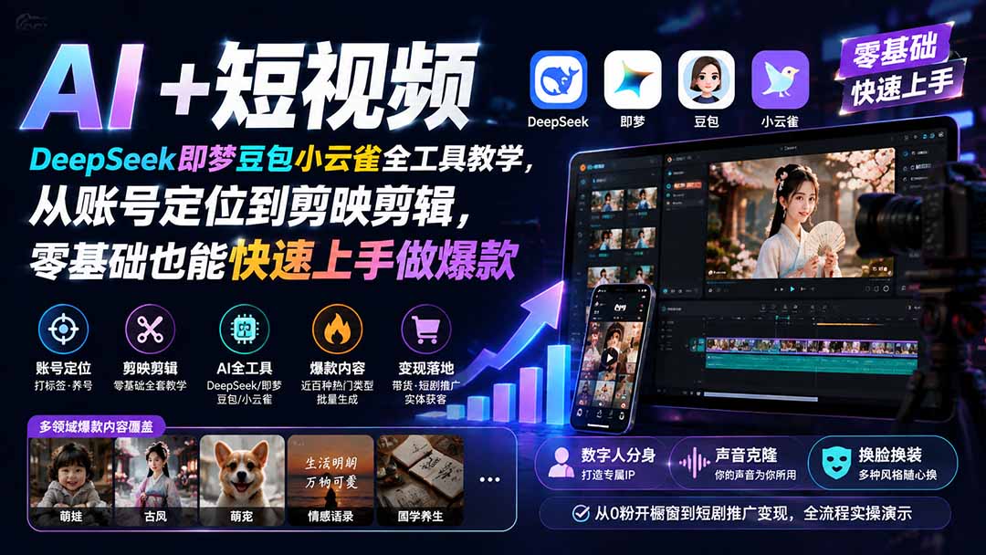 AI+短视频｜DeepSeek即梦豆包小云雀全工具教学，从账号定位到剪映剪辑，零基础也能快速上手做爆款-heixxmi