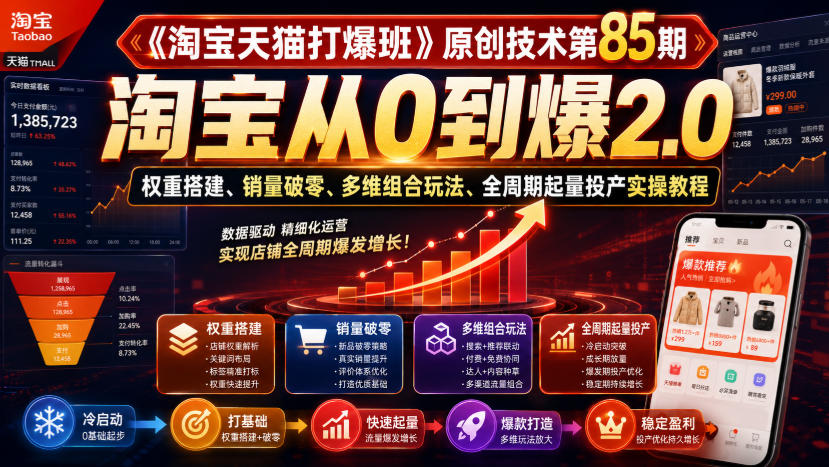 《淘宝天猫打爆班》原创技术第85期，淘宝从0到爆2.0，权重搭建、销量破零、多维组合玩法、全周期起量投产实操教程-heixxmi