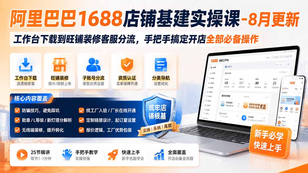 阿里巴巴1688店铺基建实操课-8月更新；工作台下载到旺铺装修客服分流，手把手搞定开店全部必备操作-heixxmi