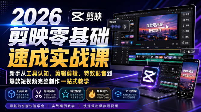 2026剪映零基础速成实战课｜新手从工具认知、剪辑剪辑、特效配音到爆款短视频完整制作一站式教学-heixxmi