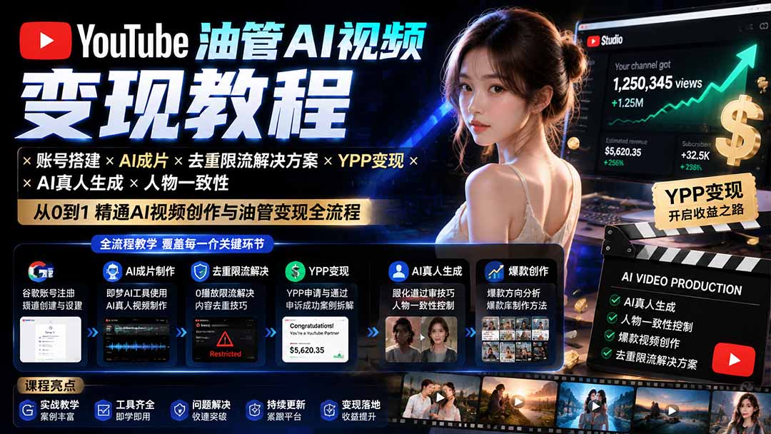 YouTube油管AI视频变现教程-更新：账号搭建×AI成片×去重限流解决方案×YPP变现×AI真人生成×人物一致性-heixxmi