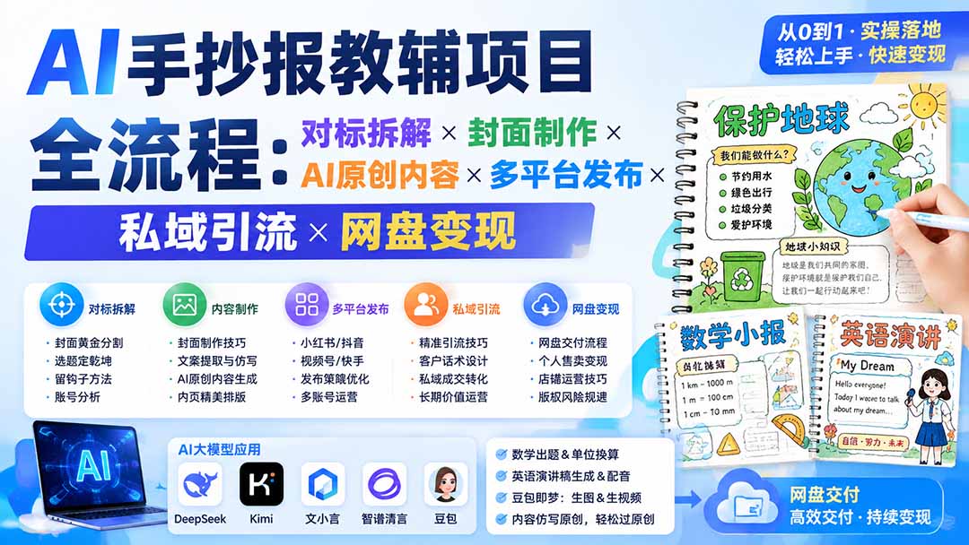 AI手抄报教辅项目全流程：对标拆解×封面制作×AI原创内容×多平台发布×私域引流×网盘变现-heixxmi