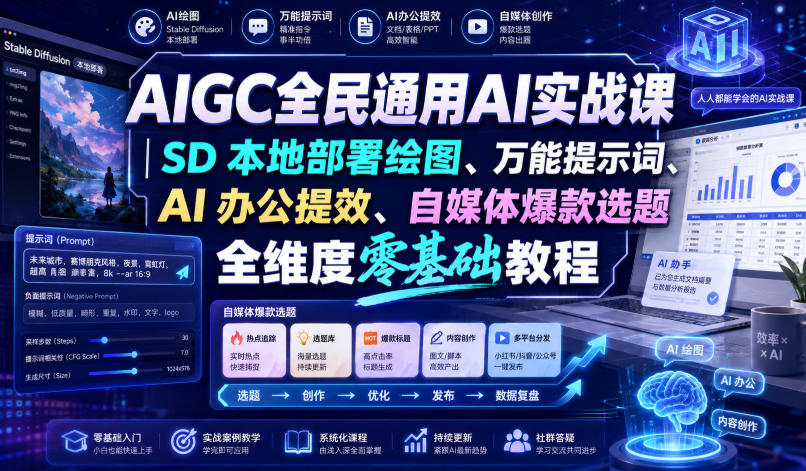 AIGC全民通用AI实战课｜SD本地部署绘图、万能提示词、AI办公提效、自媒体爆款选题全维度零基础教程-heixxmi