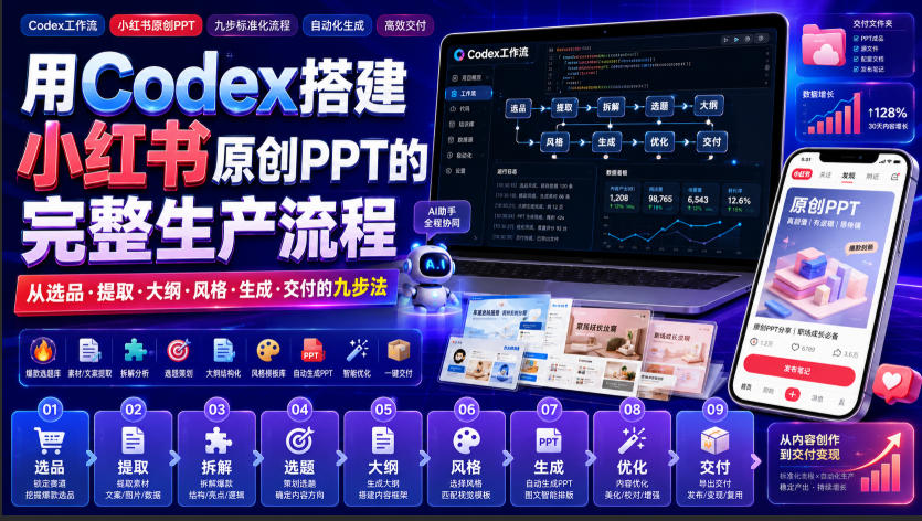 用Codex搭建小红书原创PPT的完整生产流程，从选品·提取·大纲·风格·生成·交付的九步法-heixxmi