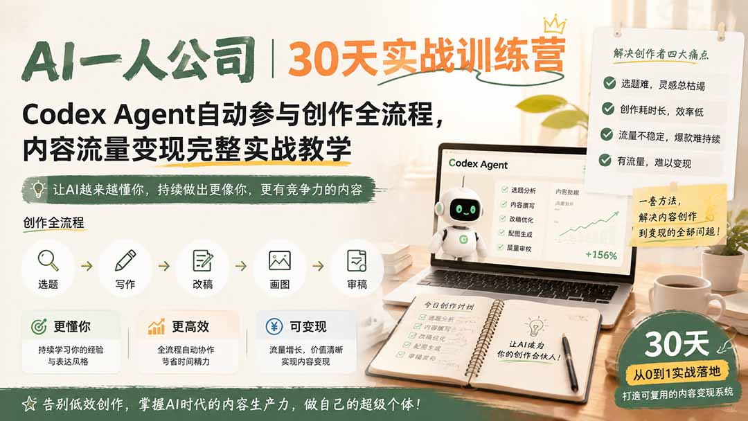 AI一人公司｜30天实战训练营；Codex Agent自动参与创作全流程，内容流量变现完整实战教学-heixxmi