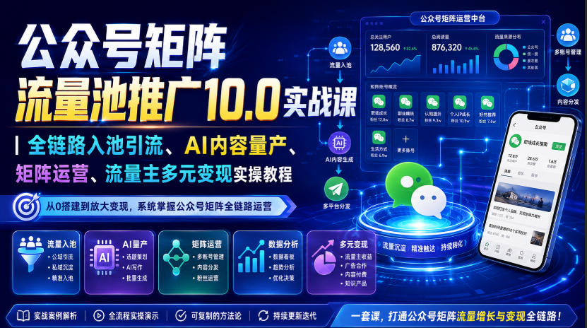 公众号矩阵流量池推广10.0实战课｜全链路入池引流、AI内容量产、矩阵运营、流量主多元变现实操教程-heixxmi