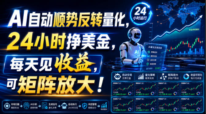 AI自动顺势反转量化，24小时挣美金，每天见收益，可矩阵放大！【揭秘】-heixxmi