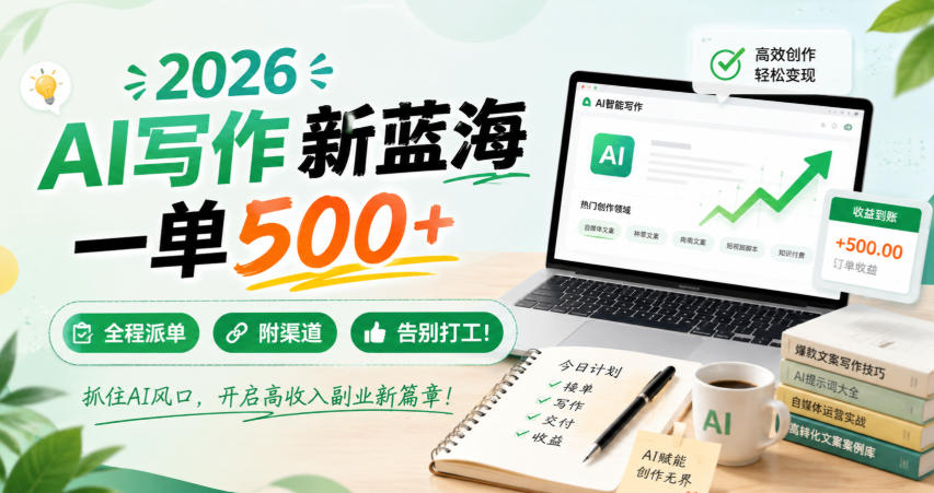 2026 AI写作新蓝海，一单500+，全程派单，附渠道，告别打工！【揭秘】-heixxmi