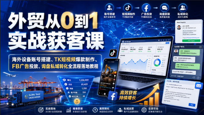 外贸从0到1实战获客课｜海外设备账号搭建、TK短视频爆款制作、FB广告投放、询盘私域转化全流程落地教程-heixxmi