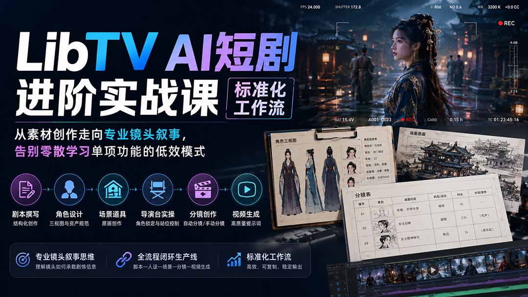 LibTV AI短剧进阶实操课标准化工作流；从素材创作走向专业镜头叙事，告别零散学习单项功能的低效模式-heixxmi