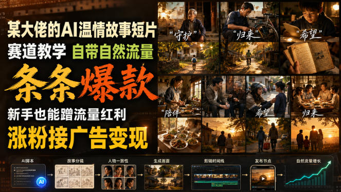 某大佬的AI温情故事短片赛道教学，自带自然流量，条条爆款，新手也能蹭流量红利，涨粉接广告变现-heixxmi