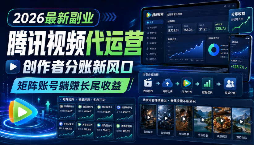 2026最新副业之腾讯视频代运营：创作者分账新风口，矩阵账号躺賺长尾收益【揭秘】-heixxmi