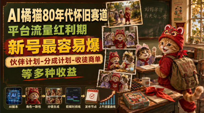 AI橘猫80年代怀旧赛道，平台流量红利期，新号最容易爆，伙伴计划-分成计划-收徒商单等多种收益-heixxmi