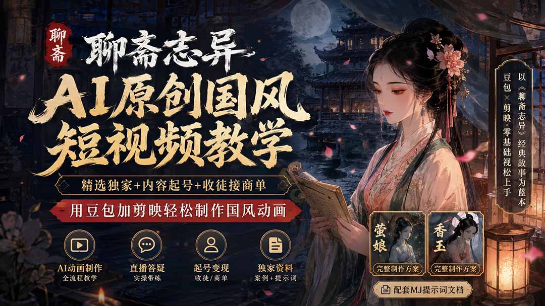 聊斋志异AI原创国风短视频教学；精选独家+内容起号+收徒接商单，用豆包加剪映轻松制作国风动画-heixxmi