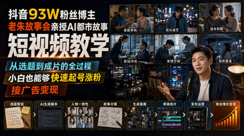 抖音93W粉丝博主老朱故事会亲授AI都市故事短视频教学，从选题到成片的全过程，小白也能够快速起号涨粉接广告变现-heixxmi