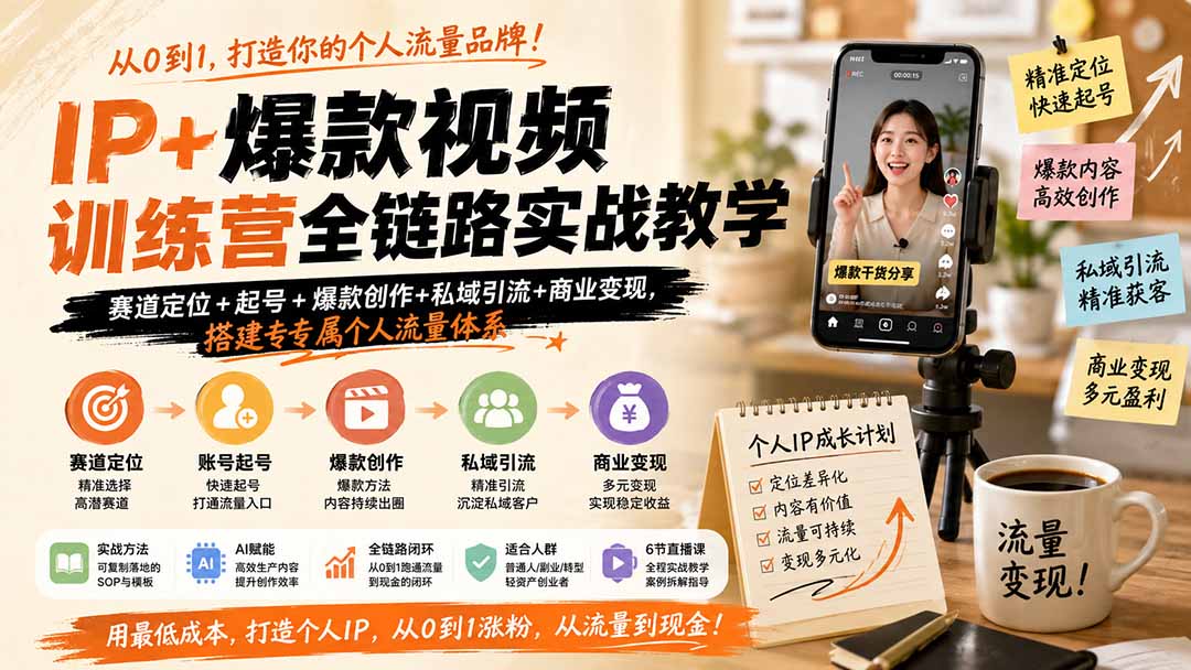 IP+爆款视频训练营全链路实战教学；赛道定位+起号+爆款创作+私域引流+商业变现，搭建专属个人流量体系-heixxmi