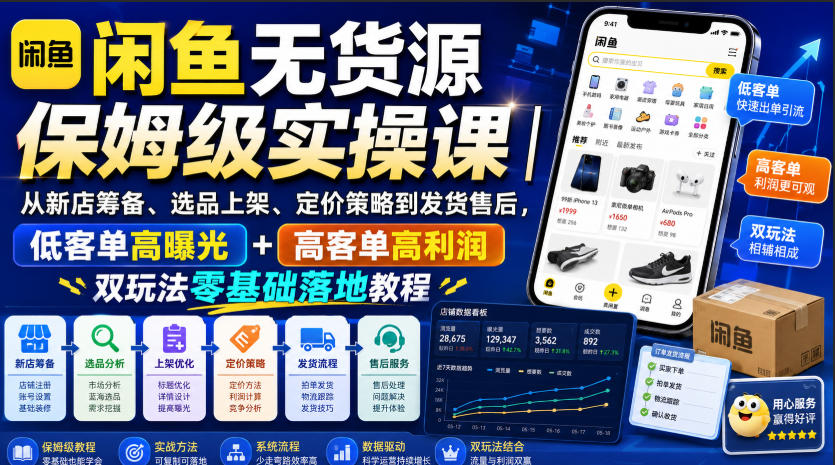 闲鱼无货源保姆级实操课｜从新店筹备、选品上架、定价策略到发货售后，低客单高曝光+高客单高利润双玩法零基础落地教程-heixxmi