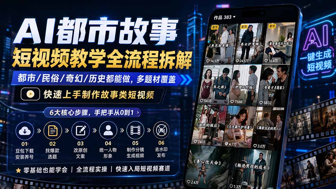 AI都市故事短视频教学全流程拆解；都市/民俗/奇幻/历史都能做多题材覆盖，快速上手制作故事类短视频-heixxmi
