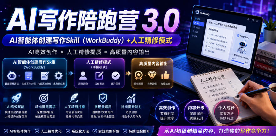 AI写作陪跑营3.0，Ai智能体创建写作skill(workbuddy)+人工手写模式(手搓模式)，去除AI痕迹(头条号、公众号、百家号)(更新0814)-heixxmi