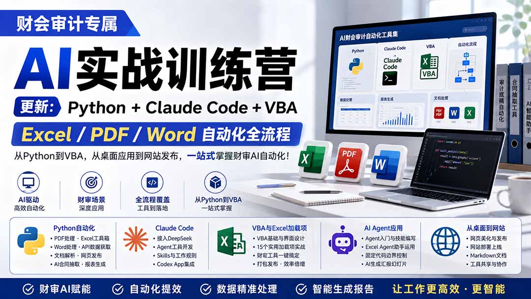 财会审计专属 AI实战训练营：Python+Claude Code+VBA，Excel/PDF/Word自动化全流程 (更新-heixxmi
