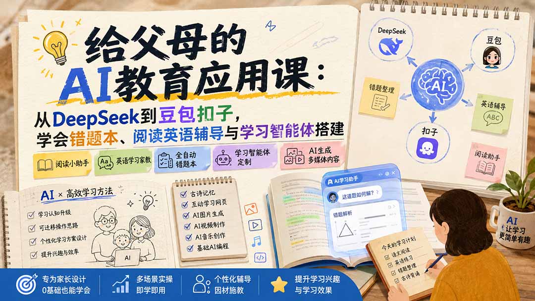 给父母的AI教育应用课：从DeepSeek到豆包扣子，学会错题本、阅读英语辅导与学习智能体搭建-heixxmi