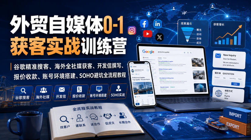 外贸自媒体0-1获客实战训练营｜谷歌精准搜客、海外全社媒获客、开发信撰写、报价收款、账号环境搭建、SOHO避坑全流程教程(更新)-heixxmi
