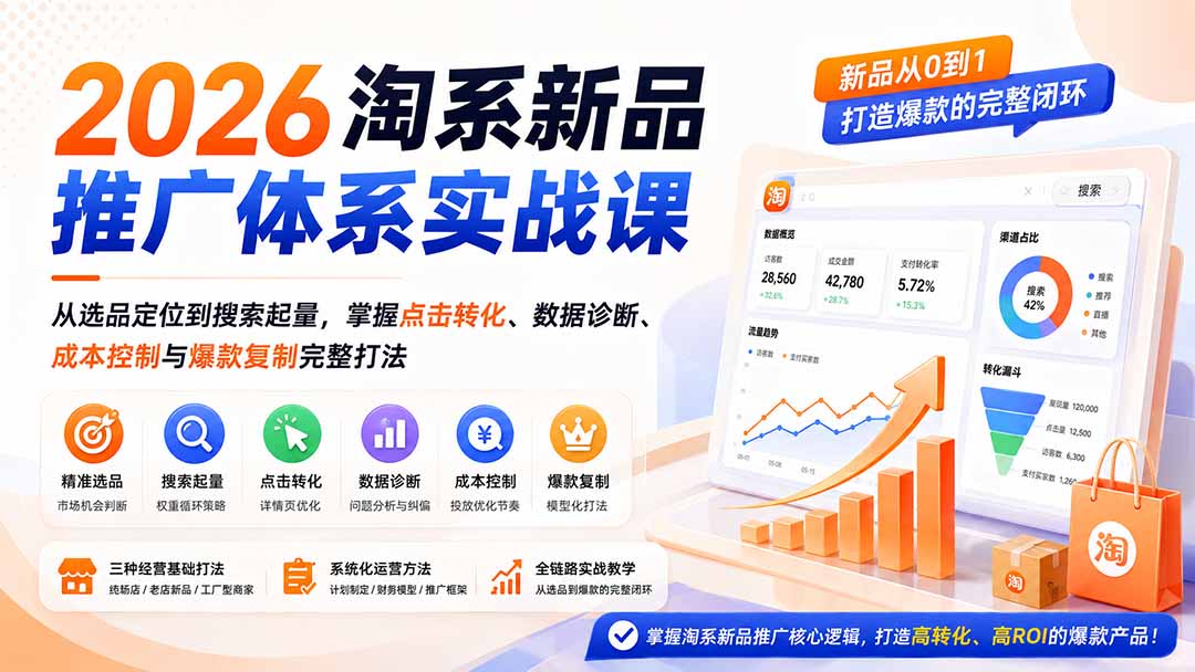 2026淘系新品推广体系实战课：从选品定位到搜索起量，掌握点击转化、数据诊断、成本控制与爆款复制完整打法-heixxmi