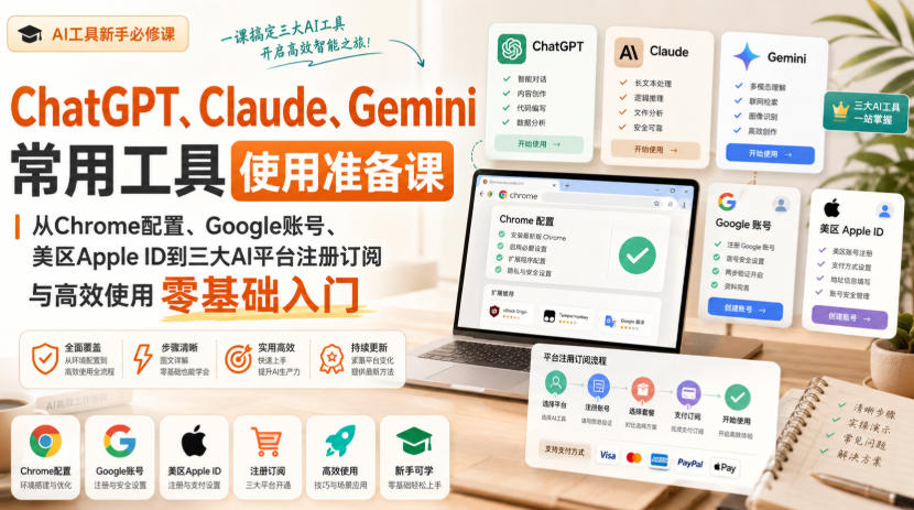 ChatGPT、Claude、Gemini常用工具使用准备课｜从Chrome配置、Google账号、美区Apple ID到三大AI平台注册订阅与高效使用零基础入门-heixxmi