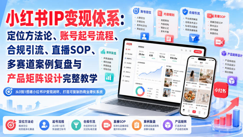 小红书IP变现体系：定位方法论、账号起号流程、合规引流、直播SOP、多赛道案例复盘与产品矩阵设计完整教学-heixxmi