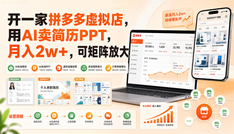 开一家拼多多虚拟店，用AI卖简历PPT，月入2w+，可矩阵放大【揭秘】-heixxmi