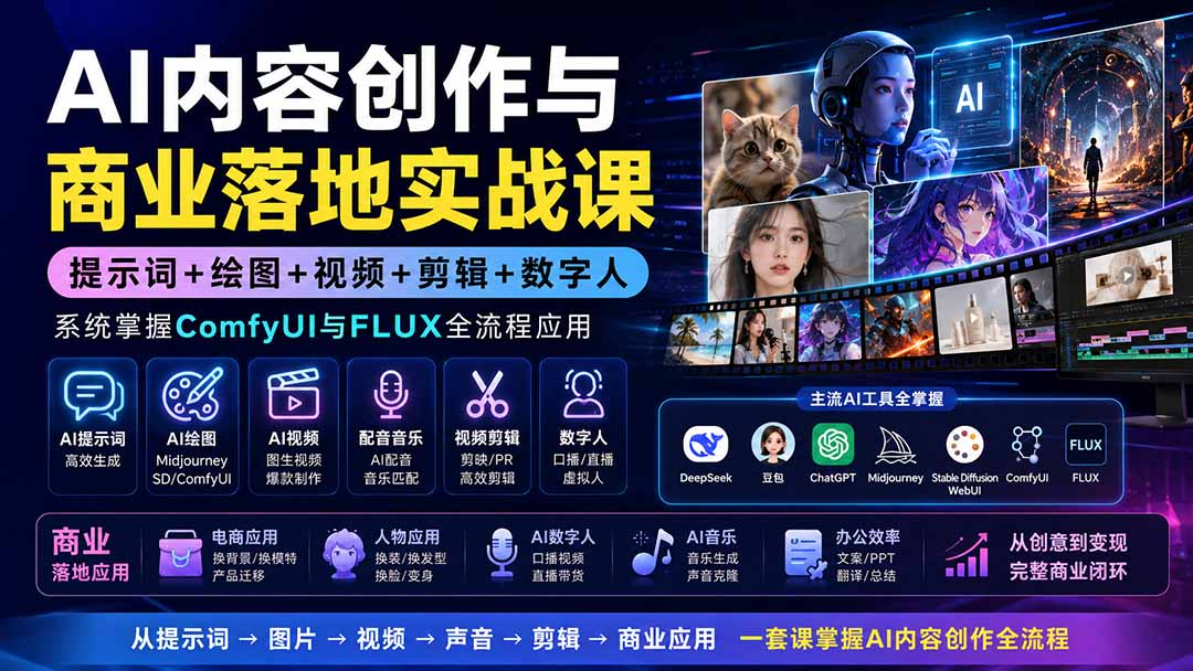 AI内容创作与商业落地实战课：提示词+绘图+视频+剪辑+数字人，系统掌握ComfyUI与FLUX全流程应用-heixxmi